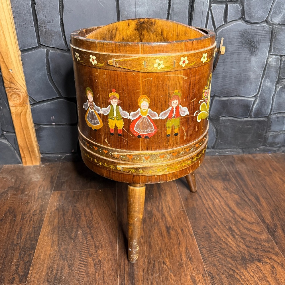 Vintage Hand Painted Folk Art Wooden Sewing Bucket Tripod Stool Signed Reni - Picture 2 of 9